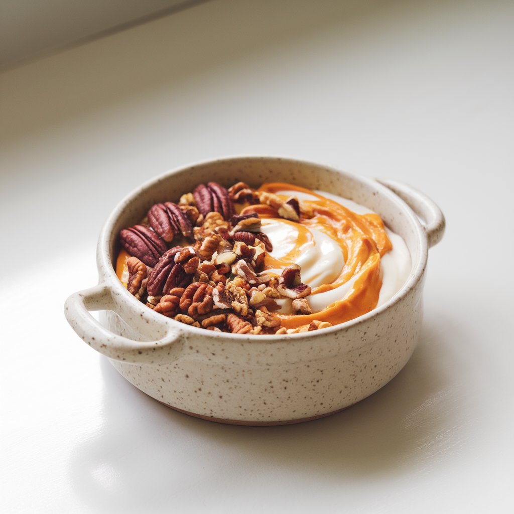 A photo of a cozy off-white ceramic dish containing a yogurt bowl. The bowl features pumpkin puree swirled into thick vanilla yogurt. It is topped with chopped pecans, granola clusters, and a swirl of maple syrup. The yogurt bowl is placed on a bright plain white kitchen countertop. The soft natural light enhances the autumnal orange tones and the earthy texture of the pepitas.