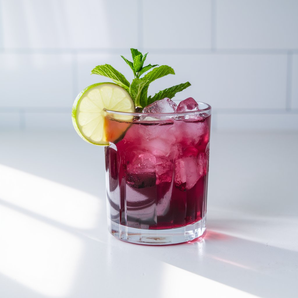 A photo of a clear tumbler holding a deep magenta summer cocktail with crushed ice, a slice of lime, and a sprig of mint. The vibrant hue of the hibiscus tea contrasts beautifully with the white background. It's placed on a bright plain white kitchen countertop under crisp natural light, which reflects subtly through the icy glass.