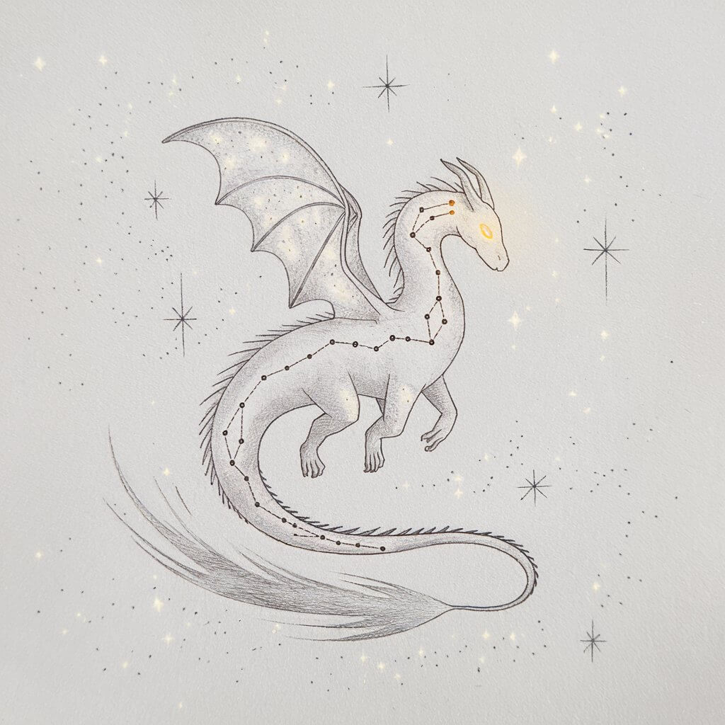A minimalist, plain white background realistic pencil drawing illustration of a celestial dragon drifting through a sky speckled with faint stars. The dragon is drawn in a simplistic style, its body adorned with constellation-like dots connected by gentle pencil lines. The wings are shaped like curved star fields, airy and transparent. Its tail trails off like a comet, with fading pencil strokes suggesting movement. Two glowing eyes are indicated by small, softly shaded ovals. Overall, the piece captures a calm, space-born dragon floating among faint cosmic patterns on a quiet white canvas.