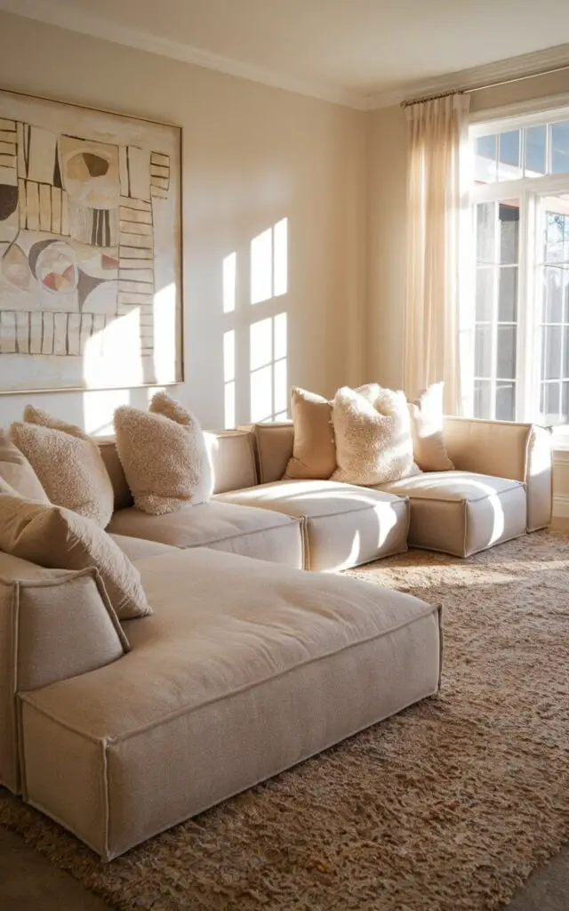 A beige living room with an oversized, low-slung beige sofa as the focal point. The sofa is accented with large, feather-filled cushions in off-white. There is a plush, stone-colored area rug underneath the sofa. On the wall above the sofa is an abstract artwork. The room is illuminated by natural light streaming in through a window.