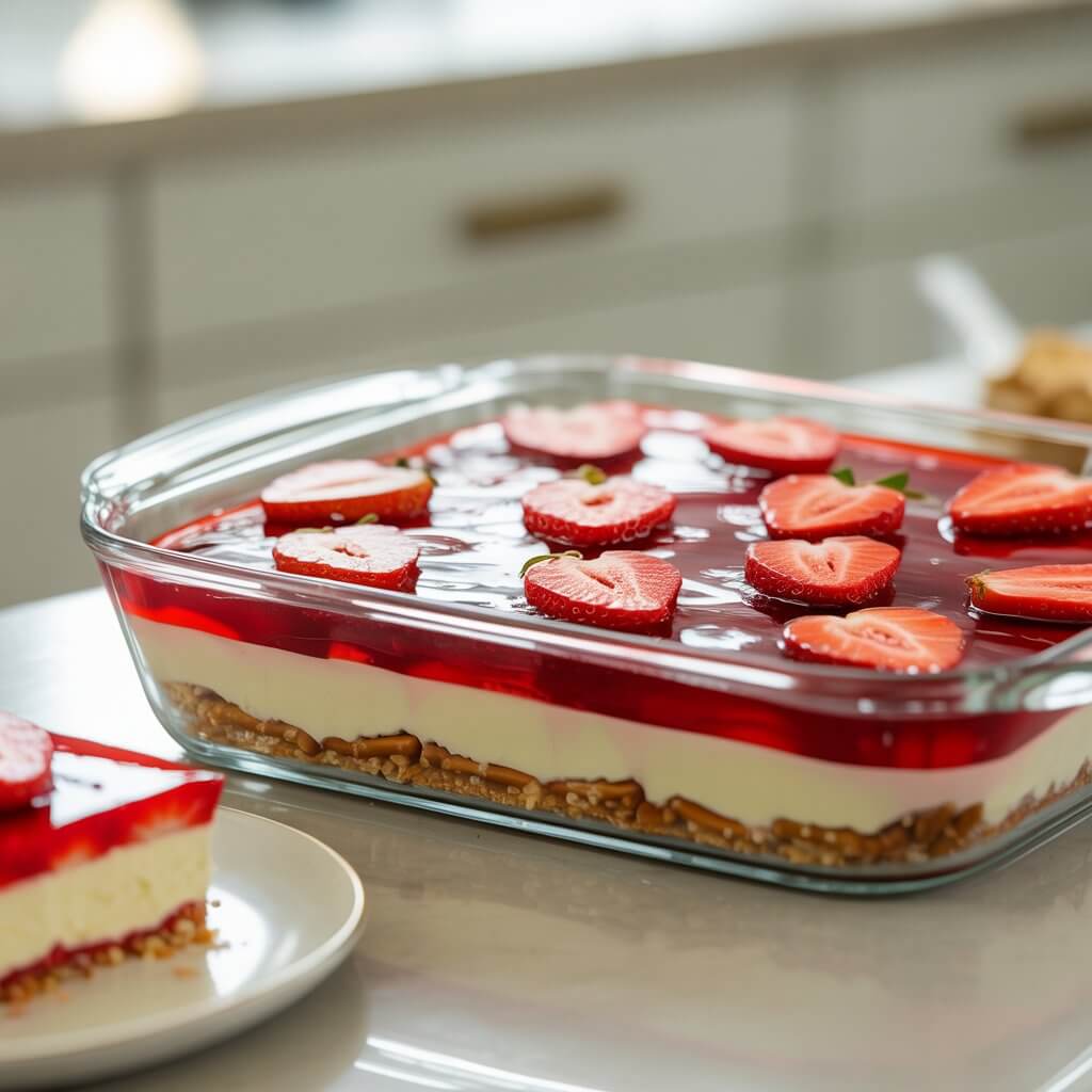 A photograph showcases a layered dessert artfully presented in a clear glass baking dish. The dessert boasts a base of finely crushed pretzels, a middle layer of creamy white cheesecake filling, and a vibrant, gleaming red strawberry Jello topping generously studded with thin slices of calyx-free strawberries. The baking dish sits on a bright, clean white kitchen countertop bathed in soft, natural light that highlights the Jello's translucence and the fruit's glistening surface, while a small scoop of the dessert rests on a nearby white plate. A subtle bokeh effect softly blurs the background, drawing the viewer's focus to the "Memorial Day" dessert.