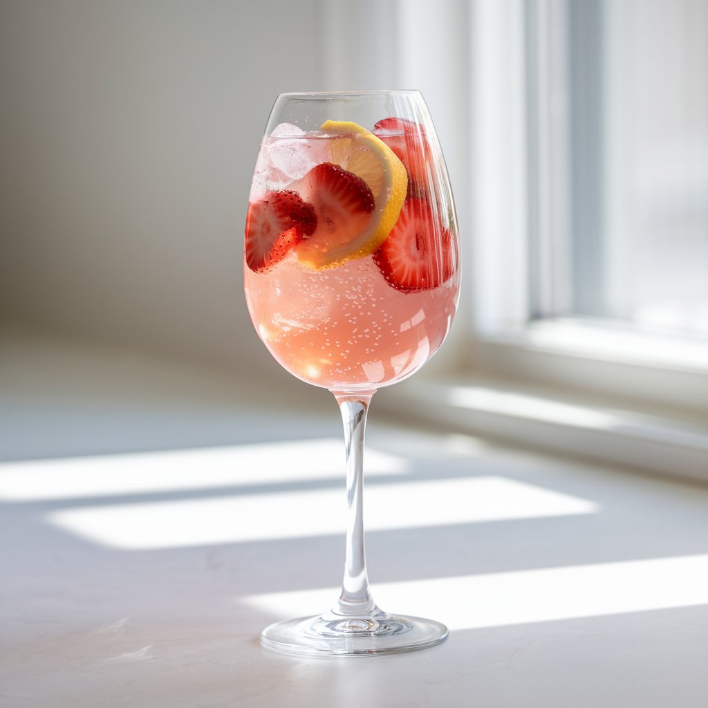 A photo of a curvy wine glass filled to the brim with ice cubes and a blush-pink strawberry rosé sangria. The sangria is filled with sliced strawberries and a lemon round, which are floating beautifully within. Tiny bubbles cling to the fruit. The summer cocktail is placed on a bright plain white kitchen countertop, brightly lit by natural light pouring through a kitchen window.