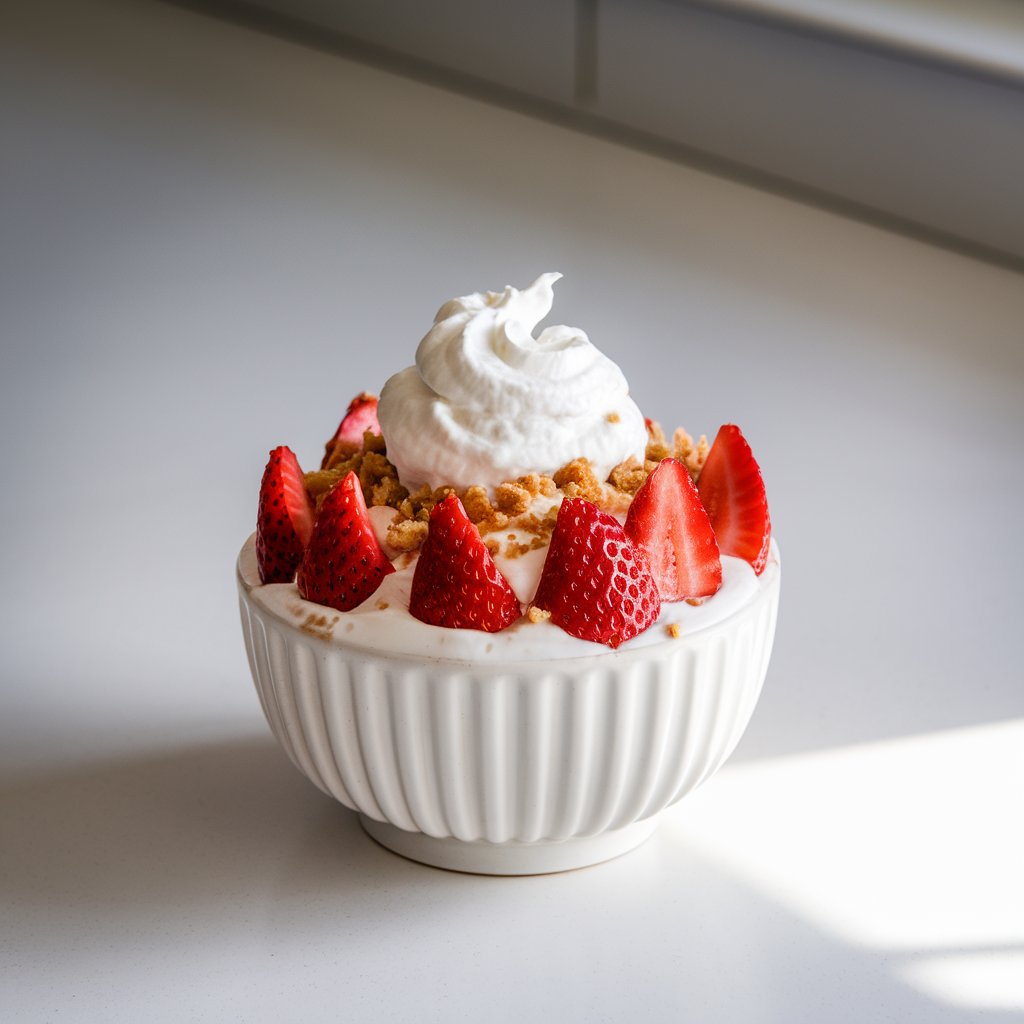A photo of a yogurt bowl in a fluted white dessert bowl. The bowl contains vanilla yogurt and is topped with sliced calyx-free strawberries, crushed shortbread cookies, and a fluffy swirl of whipped cream. The strawberries are bright and juicy, with some slightly pressed into the yogurt for texture. The yogurt bowl is placed on a bright plain white kitchen countertop. The background is minimalistic, with only the countertop visible. The lighting is soft natural light, which makes the whipped cream glow and highlights the golden edges of the cookie crumble.
