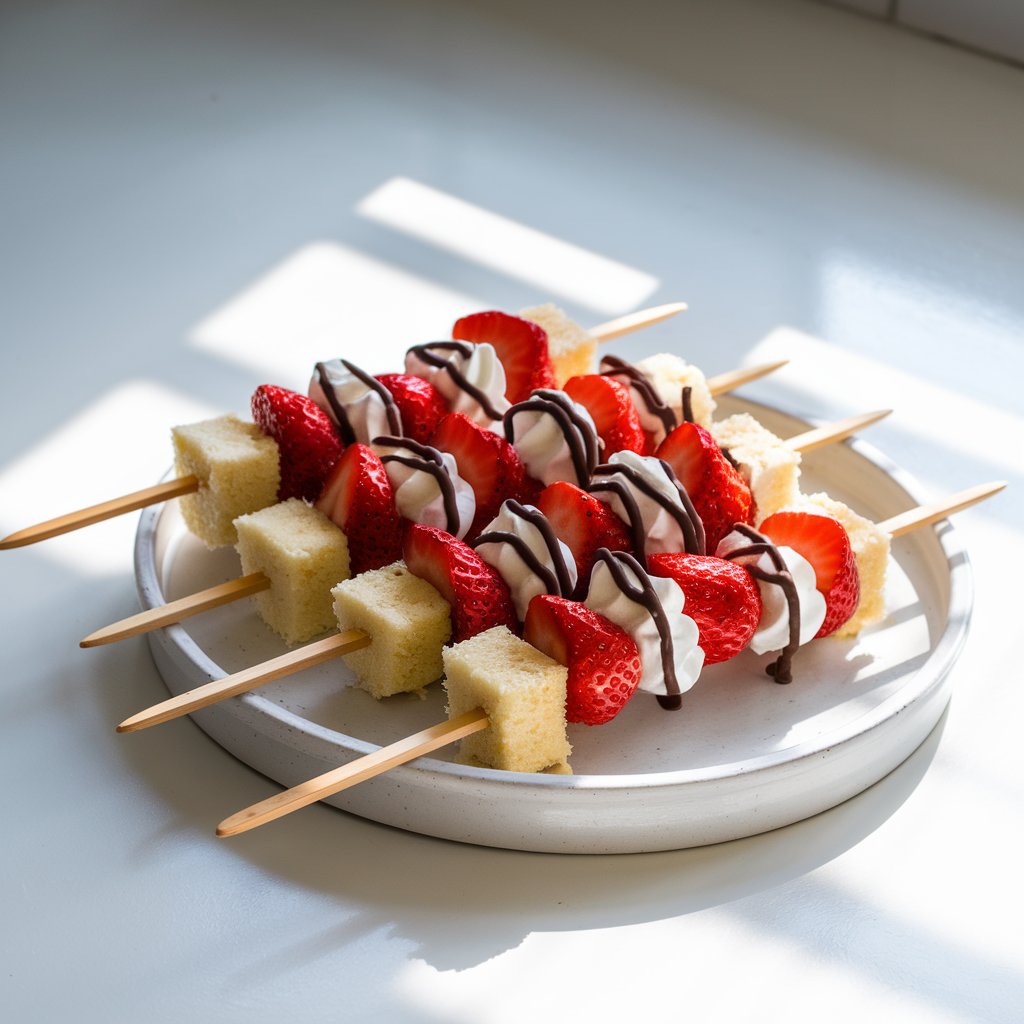 A photo of wooden skewers with alternating cubes of golden pound cake, halved ripe strawberries, and fluffy whipped cream. The skewers are placed in a parallel row formation on a white ceramic platter. The platter is set on a bright, plain white kitchen countertop. The dessert is drizzled with chocolate. Natural light streams from above, casting clean shadows and highlighting the vivid red of the strawberries.