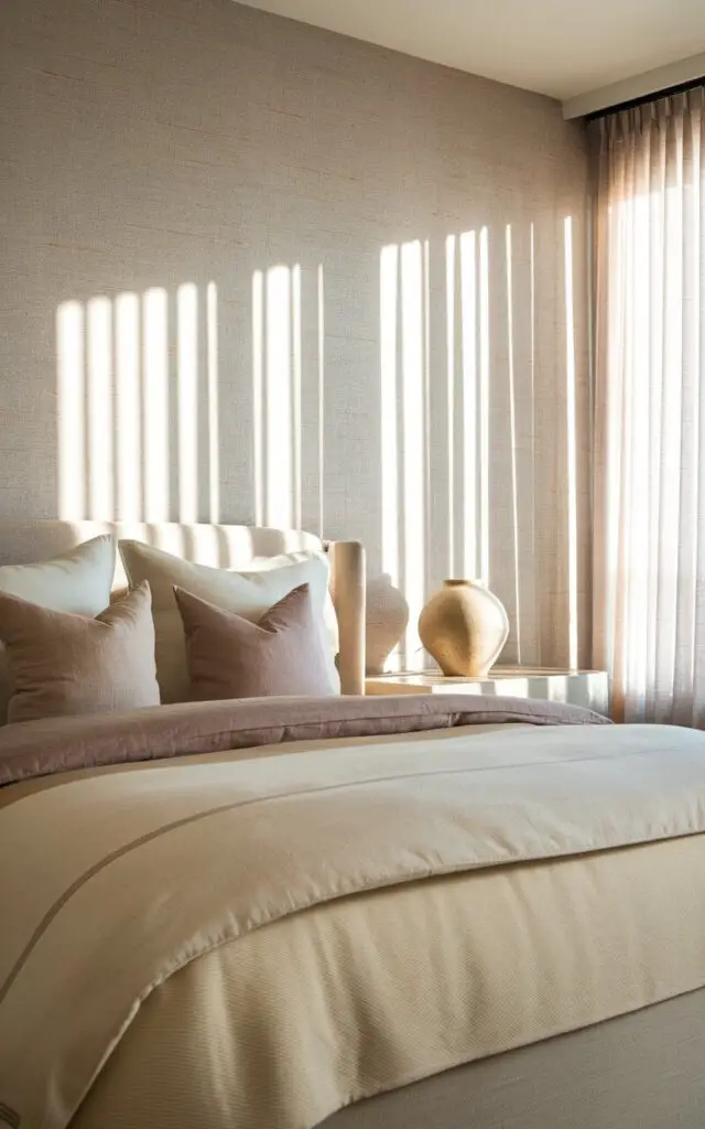 A photo of a beige bedroom in a five-star hotel. The room has a single accent wall covered in soft, subtly patterned wallpaper with a linen-textured finish. The bed is cozy and dressed in tonal layers of cream, taupe, and pale brown. The room is well decorated with understated lighting, including a nightstand ceramic lamp that echoes the wallpaper's organic texture. Gentle light flows in through sheer curtains, casting shadows that play beautifully across the wallpaper, making the space feel polished yet serene.