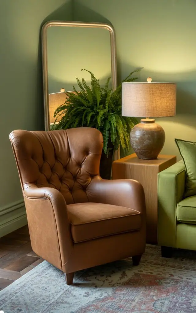A photograph showcases a luxurious brown suede armchair positioned centrally in a stylish living room. The armchair features deep button tufting, a gently curved back, and plush, inviting cushions, bathed in the warm glow of a nearby spotlight. Beside it sits a sage green sofa and an oak side table holding a ceramic lamp with a linen shade and a vibrant, leafy fern plant, while an antique mirror reflects the soft fern green walls and a patterned area rug. The overall scene exudes classic elegance and cozy comfort with a warm, diffused lighting highlighting the textures and colors.