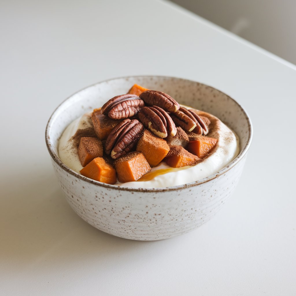 A photo of a rustic-style white bowl containing a yogurt bowl. The bowl is placed on a bright plain white kitchen countertop. The yogurt bowl consists of a layer of thick plain yogurt, topped with roasted sweet potato cubes, toasted pecans, a dusting of cinnamon, and a drizzle of maple syrup. The pecans are glistening and lightly candied. The background is clean and minimalistic.