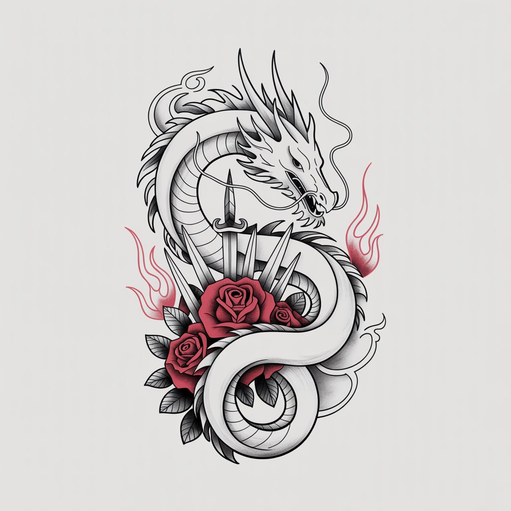 A traditional tattoo-style pencil drawing illustration depicts a majestic dragon coiled protectively around a cluster of crimson roses and gleaming silver daggers. The dragon's body is rendered with bold, uninterrupted lines and smooth, flowing spirals, with stylized flames gently erupting from its limbs to convey both power and grace. Its scales are sharply defined, and its horn tips possess a subtle gleam, creating a balanced contrast with the fluid lines of its form as wispy clouds curl delicately around its edges. Set against a stark, plain white background, the composition focuses entirely on the intricate details of the dragon, roses, and daggers, evoking a sense of timeless artistry and quiet strength.