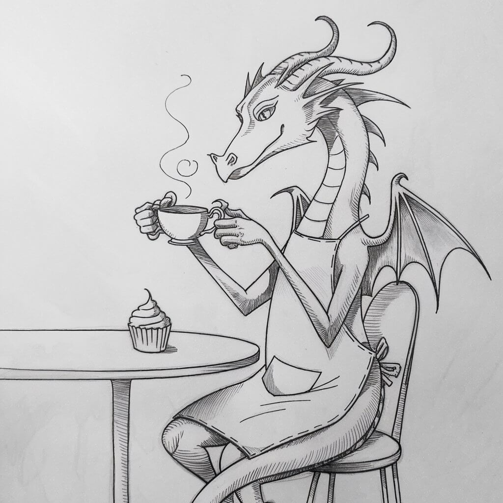 A minimalist pencil drawing of a dragon sitting at a table. The dragon is wearing an apron and is holding a teacup with its claws. There's a cupcake on the table. The background is plain white. The dragon's eyes are peeking over the rim of the teacup, and steam is rising from it. The dragon has curved horns, thin limbs, and a slightly tilted head. The overall drawing has clean, steady pencil lines.