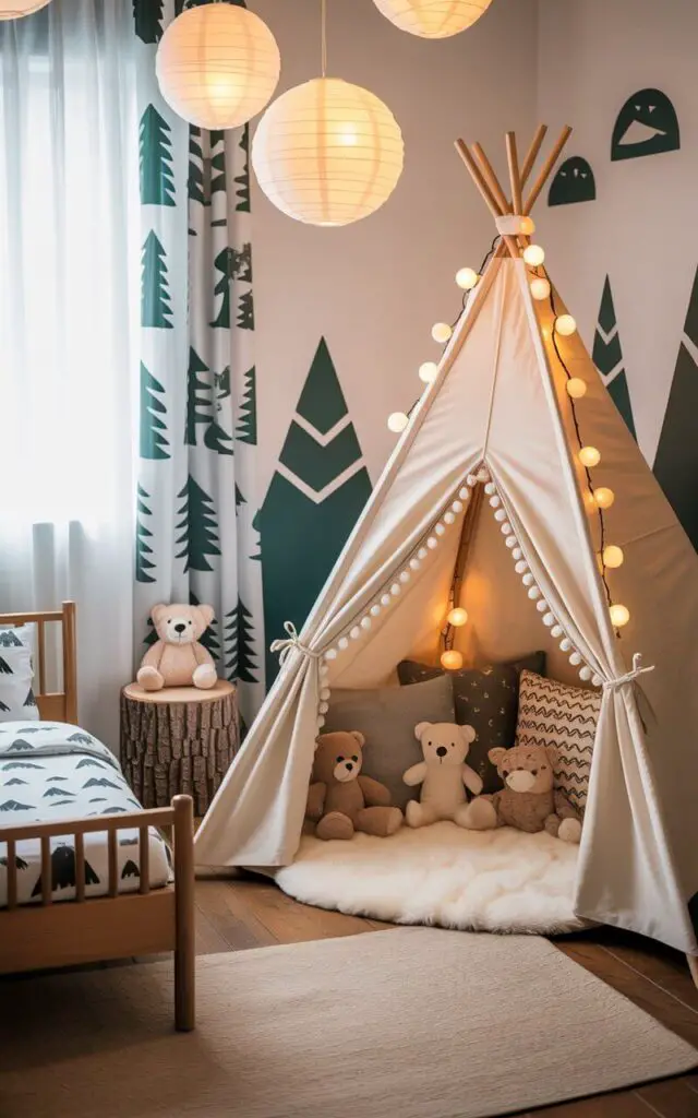 A photograph of a whimsical toddler bedroom featuring a white canvas teepee with fluffy pom-pom trim and warm glowing string lights, taking center stage. Inside the teepee are an assortment of soft, patterned cushions and several cuddly stuffed animals, creating a cozy and inviting hideaway. A nearby toddler bed is dressed in mountain-patterned sheets, with a charming wooden nightstand shaped like a tree stump holding a small, plush bear. Soft paper lanterns hang from the ceiling, illuminated by gentle natural light filtering through tribal-print curtains and playful nature-inspired wall decals, enhancing the room's playful forest retreat atmosphere.