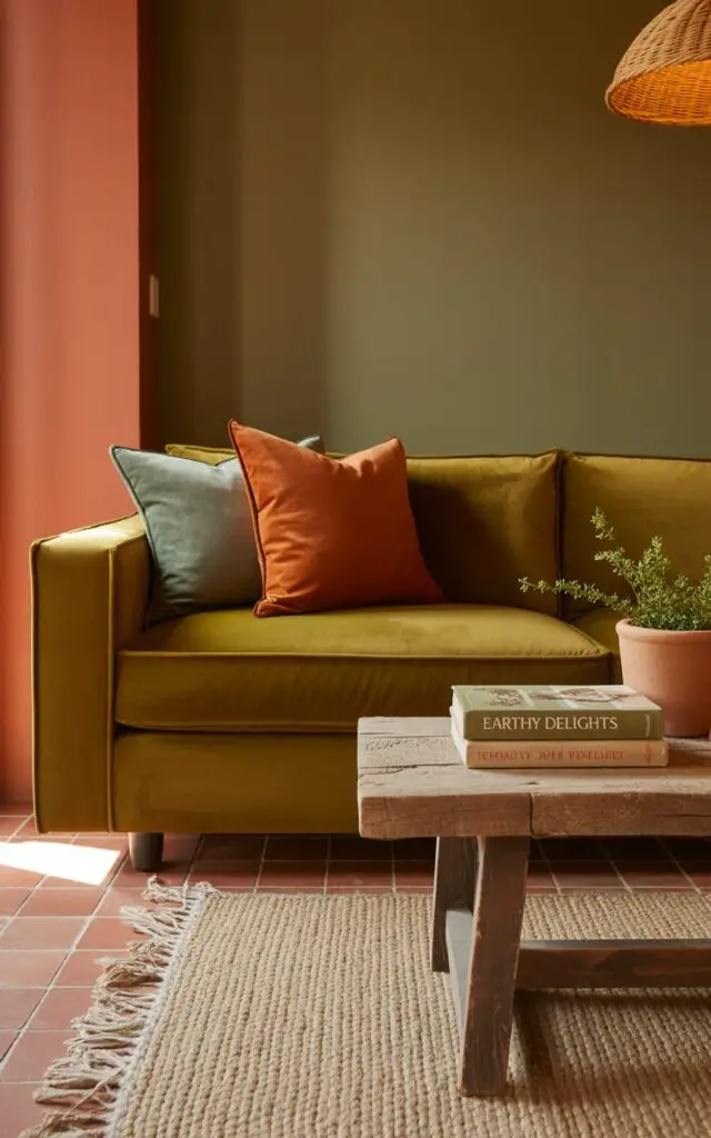 A photograph of a plush olive velvet sofa in a warmly lit living room. The sofa is arranged with several cushions in burnt orange and sage, facing a rustic wood coffee table adorned with a terracotta planter and a stack of vintage books displaying the title "Earthy Delights". Behind the sofa, a deep sage-colored wall is partially obscured by the edge of a textured wool area rug and terracotta floor tiles, while a woven pendant lamp casts a gentle glow over the scene. The terracotta accents throughout the room create a sense of earthy vibrancy and casually elegant charm.