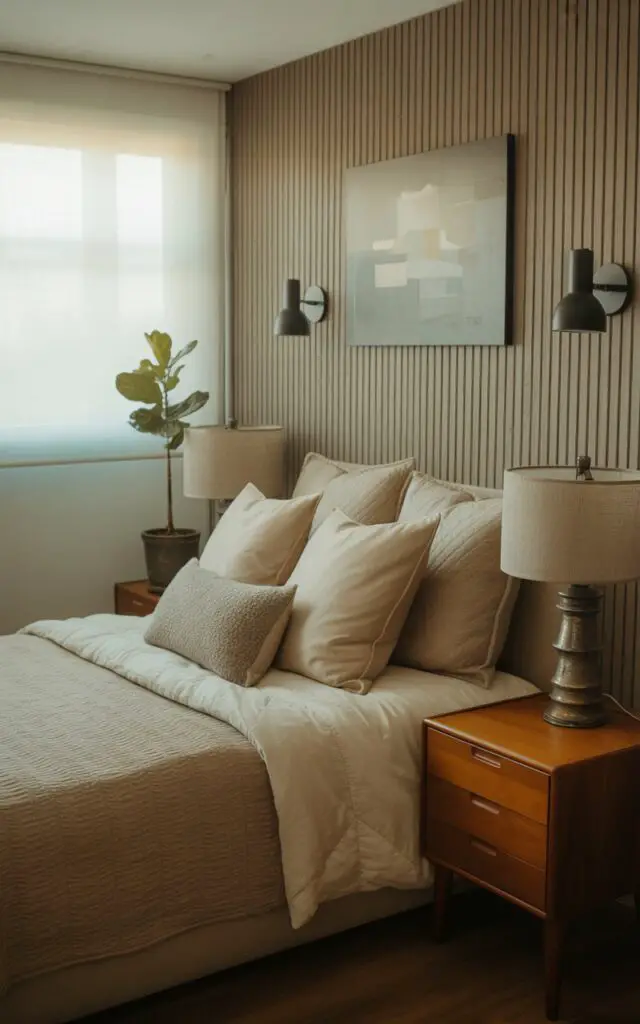 A photograph of a cozy bed nestled against a textured wall of vertical wooden slats painted in a muted taupe. The bed is draped with a thick cream-colored duvet and several plush throw pillows in shades of beige and soft gray, with two mid-century style nightstands on either side holding a vintage lamp with a linen shade. Matte black sconces illuminate the walls, complementing the abstract artwork above the bed, and a single potted fiddle leaf fig tree sits in a corner, bathed in soft, diffused natural light streaming through a window. The scene evokes a sense of modern serenity with a tactile blend of wool, linen, and suede textures.