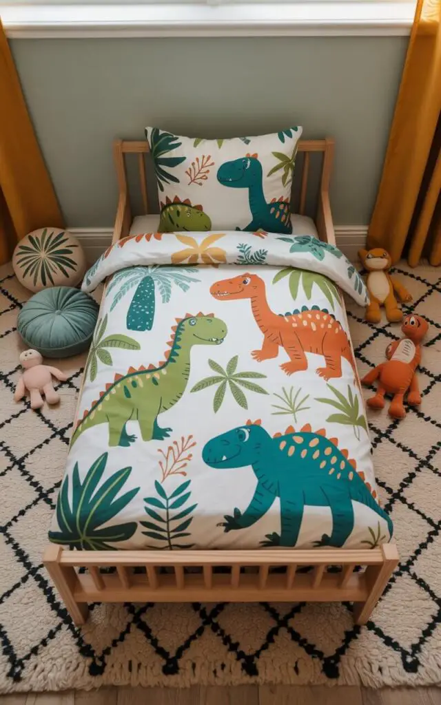A photograph of a cozy toddler bed in a playfully decorated bedroom, centered in the frame. The bed is dressed in vibrant bedding featuring illustrations of friendly dinosaurs and lush jungle foliage in shades of green, orange, and blue, set against soft gray walls. A collection of plush dinosaur toys and a single, round pillow with a leafy pattern are arranged around the bed's base, resting on a thick, patterned rug with a geometric design. Warm, natural light streams in from a window, creating a gentle and inviting atmosphere perfect for a young child’s imagination.