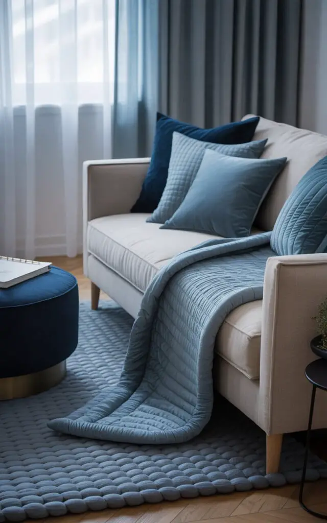 A photograph of a warmly lit living room designed for ultimate comfort and relaxation. A pale charcoal sofa takes center stage, generously draped with a soft, quilted blue throw and several oversized cushions in various textures and shades of blue, inviting a sense of luxurious coziness. A navy ottoman sits casually in front of the sofa, serving as a coffee table while a chunky-knit rug in icy grey anchors the space, and sheer grey curtains gently filter the afternoon light. The room exudes a sense of personal serenity, embodying a cozy winter cocoon.