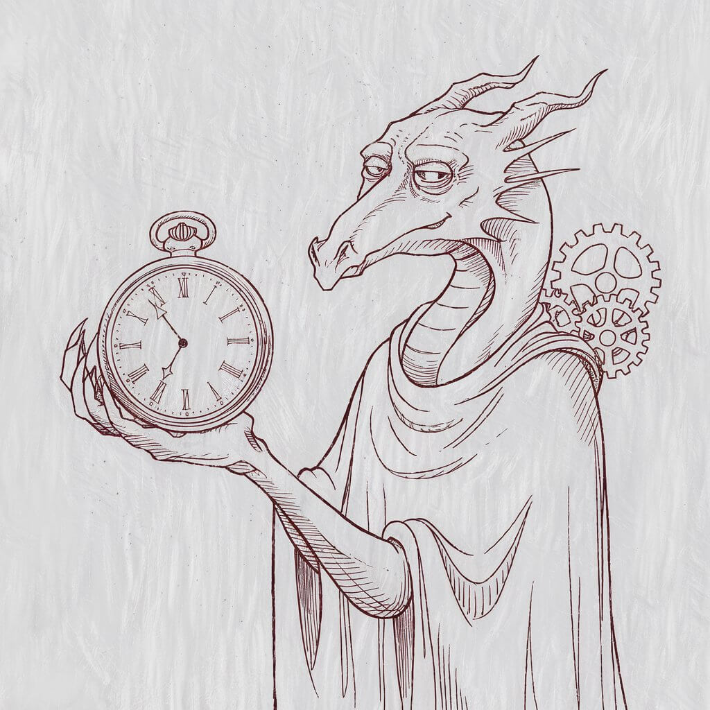 A minimalist, plain white background pencil drawing illustration of a wise dragon holding an oversized pocket watch in its claw. The dragon is drawn in a simplistic style, its features aged and solemn, with lines forming light wrinkles around the eyes. The watch’s face is sketched with Roman numerals and thin hands pointing to midnight. Gears peek from behind the dragon’s wing, lightly shaded for mechanical texture. A cloak drapes loosely over one shoulder, suggesting time’s passing, all captured in soft, deliberate strokes.