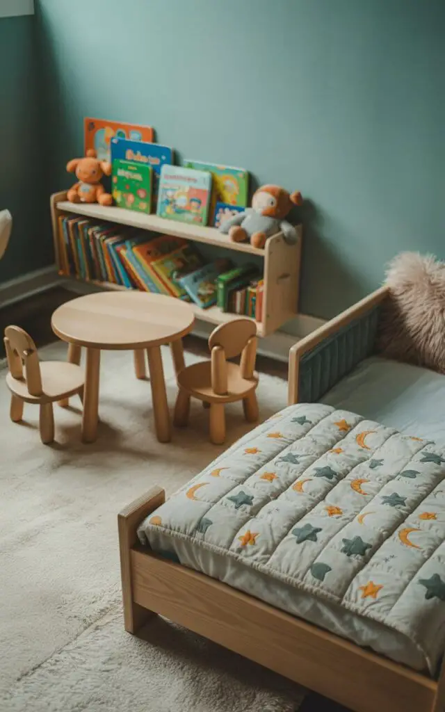 A photograph of a cozy toddler boy's bedroom bathed in soft, natural light. A small, round, wooden table and two matching chairs with rounded edges sit in front of a low bookcase overflowing with colorful children’s books and plush toys, all arranged within easy reach. The centerpiece is a toddler bed with a low wooden frame, adorned with a quilt patterned with "stars and moons", complete with plush safety rails and a fluffy, light grey pillow.  Muted teal walls and a soft cream-colored rug complete the inviting scene, creating a playful and secure environment.