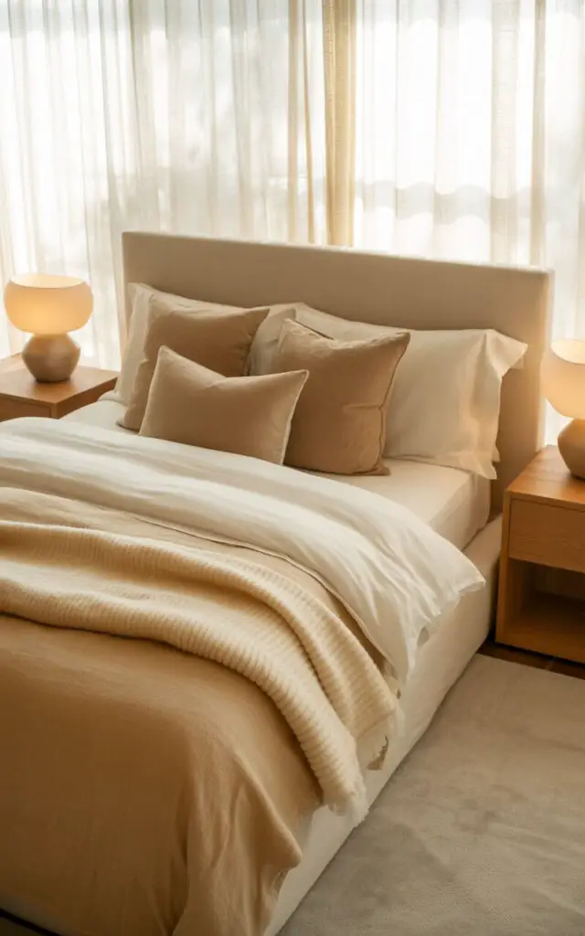 A photograph of a luxuriously made bed as the central focus in a polished beige bedroom. The bed is meticulously layered with creamy ivory cotton sheets, a sandy linen duvet, a chunky cashmere throw, and several oatmeal-colored pillows arranged in a pleasingly asymmetrical fashion, creating an inviting and serene aesthetic. Light wood bedside tables flank the bed, each holding a minimalist ceramic table lamp emitting a soft, warm glow that illuminates the clean, linen headboard. Gentle morning light streams through sheer linen curtains, subtly softening the room's corners and enhancing the overall sense of calm and tactile warmth.