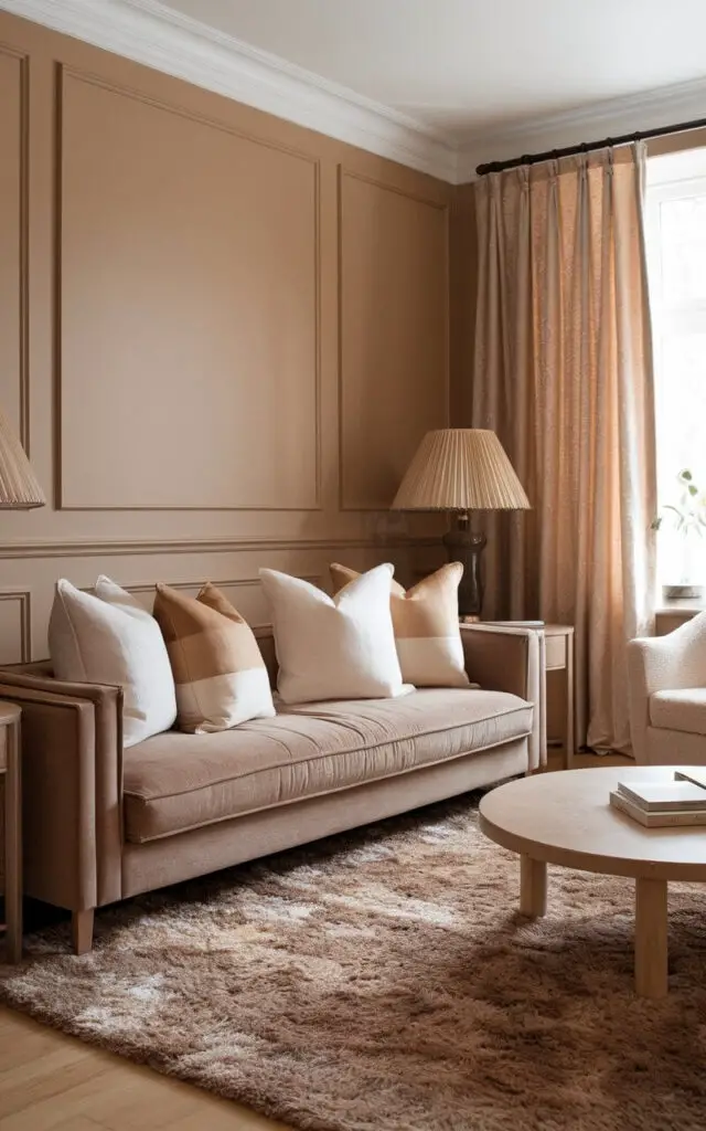 A photo of a chic beige living room with a tone-on-tone styling. There is a cozy sofa in muted oat with cushions in a gradient of beige, from nearly white to warm almond. The walls are painted a slightly darker camel beige. There is a plush rug in ivory-beige and pale wooden furniture. The curtains and lampshades also follow the tone-on-tone palette. The room has a harmonious yet layered look, feeling sophisticated and serene.