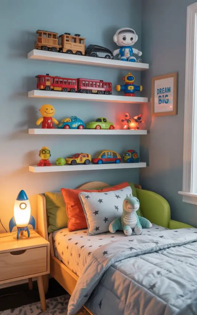 A photograph of a cozy toddler boy's bedroom featuring white floating shelves displaying a curated collection of toys, including a classic wooden train set, a smiling robot, and several brightly colored action figures. The shelves are arranged from toddler eye level upward along one wall, creating a personalized art display within the soft gray-blue room accented with pops of orange and lime green. A toddler bed is centered in the room, adorned with light gray star-studded sheets, a soft quilted comforter, and a playful dinosaur plush, while a wooden nightstand beside the bed holds a rocket-shaped lamp emitting a warm glow. Gentle sunlight streams through the window, highlighting the room's comforting atmosphere and playful design, showcasing the phrase "Dream Big" on a small framed picture on the wall.