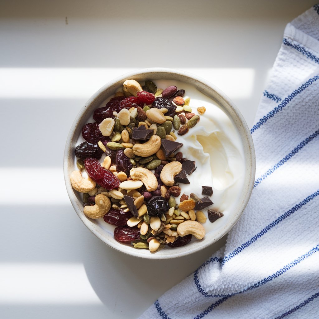 A photo of a yogurt bowl on a white countertop. The yogurt bowl contains thick vanilla yogurt with a generous topping of classic trail mix—raisins, cashews, peanuts, dried cranberries, sunflower seeds, and bits of dark chocolate. The bowl is placed on a bright plain white kitchen countertop. The scene is lit by strong natural light that reflects on the glossy chocolate and highlights the textures of the various nuts and dried fruits. A striped white towel is nearby.