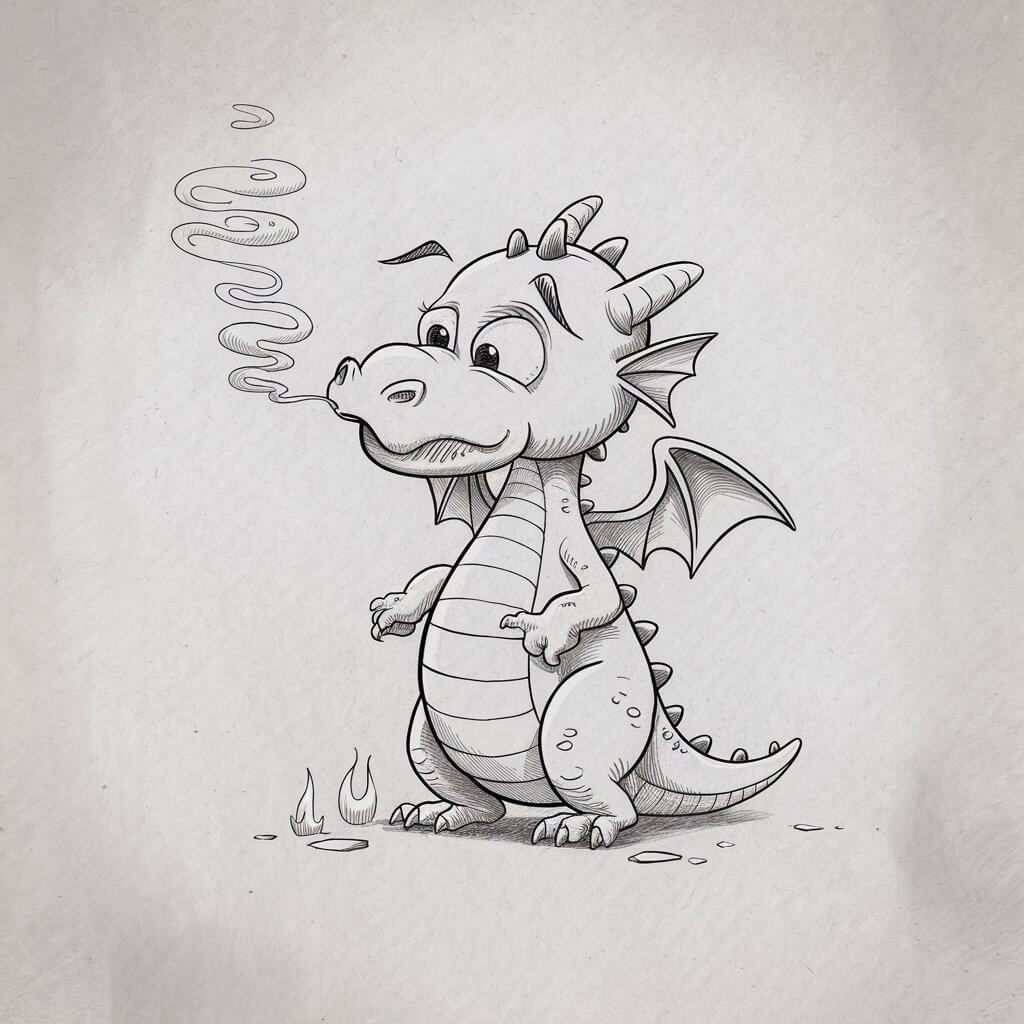 A minimalist, plain white background pencil drawing illustration of a young dragon attempting to breathe fire, with only a puff of smoke escaping its mouth. The dragon is drawn in a simplistic style, featuring rounded limbs, wide eyes, and slightly singed eyebrows. Small wisps of smoke swirl awkwardly in front of its nose, lightly shaded to show motion. The wings droop slightly in embarrassment, while its stance suggests effort. A few scorched marks on the ground add playful context, all while maintaining a clean and uncluttered composition.