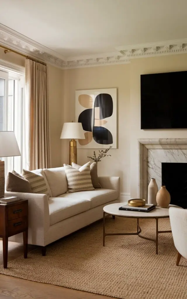 A transitional beige living room blending traditional charm with modern lines. A cozy sofa in a warm beige tone anchors the space, flanked by a vintage wooden side table on one side and a modern brass lamp on the other. Crown molding adds elegance to the otherwise clean walls. Above the mantel, there is a large oversized black television. A traditional fireplace with a marble surround meets minimalist decor—like abstract art in muted tones and sleek ceramic vases. Patterned throw pillows and a hand-knotted rug layer in a subtle mix of old and new. It's heritage with a fresh, updated twist.