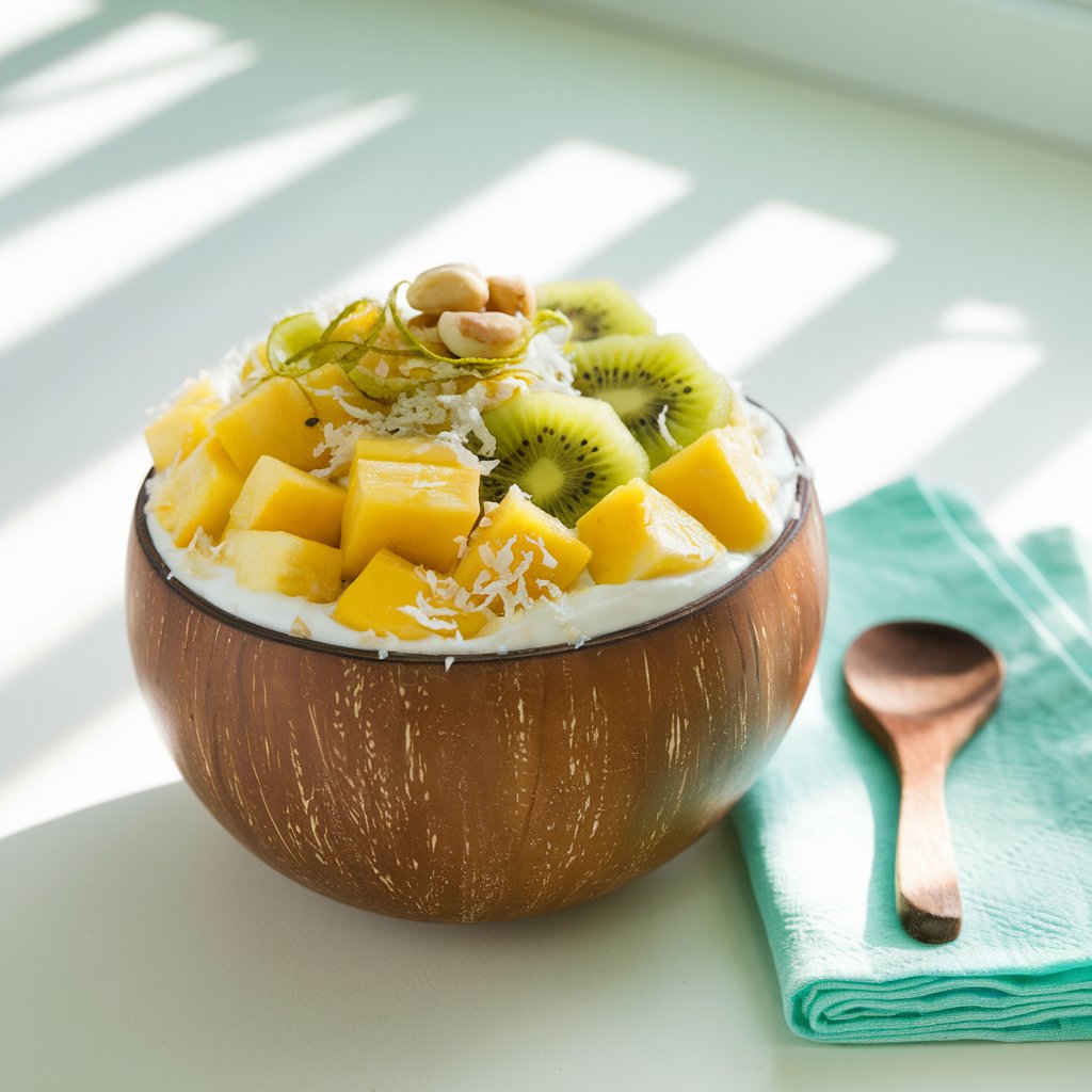 A photo of a yogurt bowl with a matte, coconut-shell-inspired bowl. The bowl is overflowing with golden pineapple chunks, vivid mango cubes, kiwi slices with visible seeds, and delicate shreds of toasted coconut. The bowl is garnished with a zesting of lime and macadamia nuts on top. The creamy yogurt base is slightly visible between the layers of fruit. The bowl rests on a bright, plain white kitchen countertop. There is vibrant natural light casting soft shadows and highlighting the juicy textures and tropical hues. A folded aqua napkin and a small wooden spoon sit to the side, completing the breezy, island-style presentation.