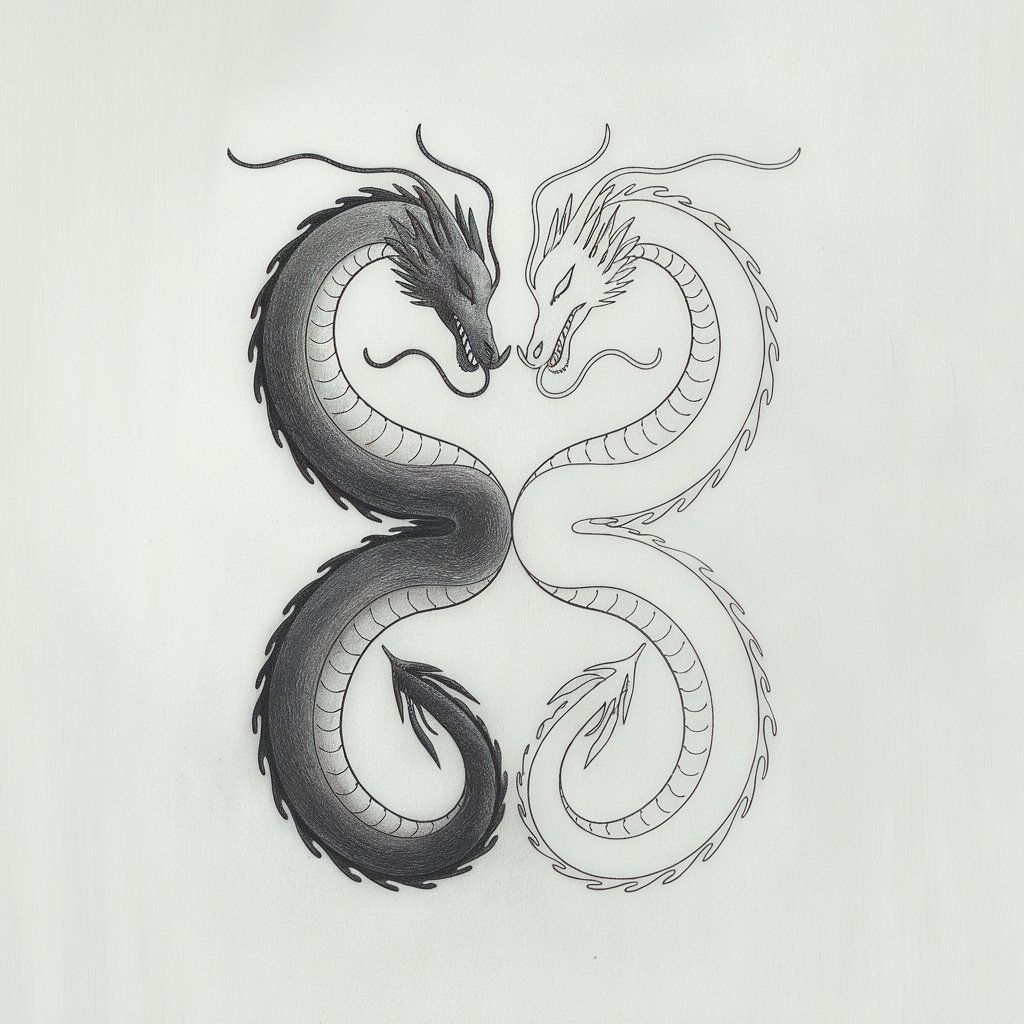 A minimalist, plain white background pencil drawing illustration of two dragons coiled in a perfect yin-yang formation, each mirroring the other in pose and expression. Drawn in a simplistic style, one dragon is defined by darker pencil tones, while the other is outlined with lighter, airier strokes. Their bodies curve smoothly into a balanced circle, with eyes closed in harmony. A clear contrast in shading emphasizes duality—light and dark, calm and fierce—all rendered with clean, fluid lines that keep the design symmetrical and serene.