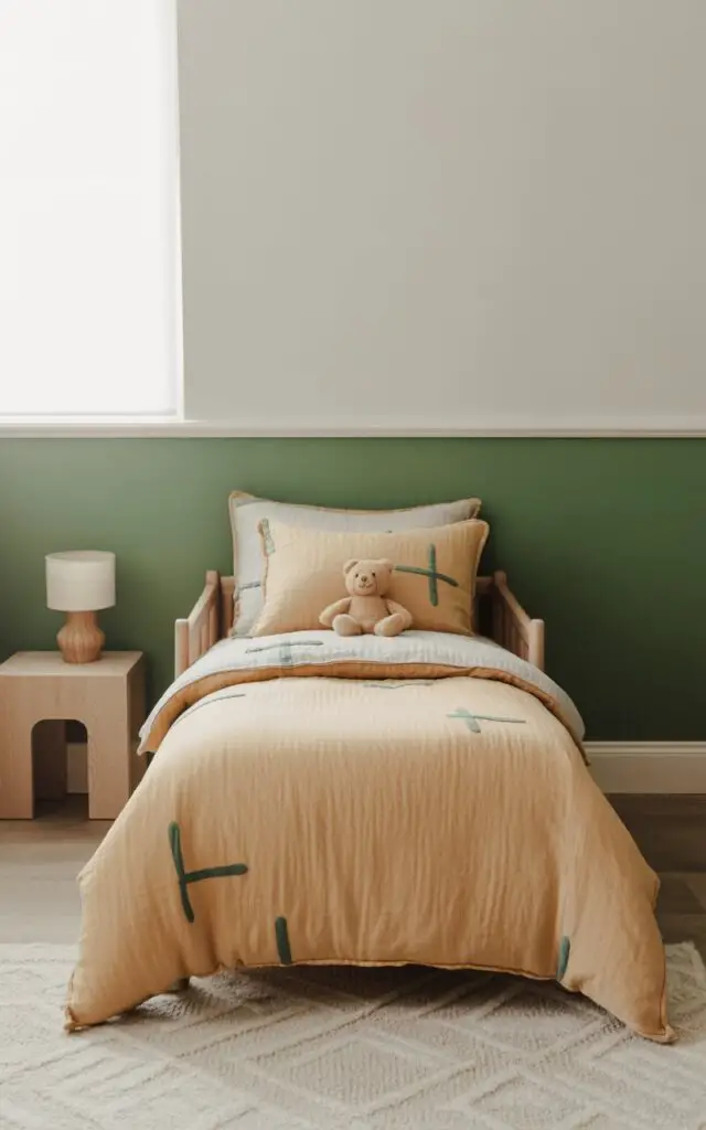 A photograph of a cozy toddler bed positioned center in a well-decorated bedroom. The bed is draped in soft, oatmeal-colored linen bedding accented with subtle forest green geometric patterns, and a small plush teddy bear rests on one of the pillows. The lower half of the two-tone walls is painted forest green, while the upper half is a crisp white, and a natural wood nightstand with a simple lamp sits to the side. Soft, diffused light streams in from a window, highlighting the room’s layered textures and creating a warm, inviting atmosphere.