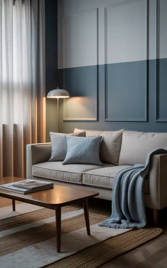 A photograph of a serene living room with a creative two-tone wall treatment, featuring a deep dusky blue lower half and a light misty grey upper half separated by crisp crown molding. A comfortable heather grey sofa sits against this backdrop, adorned with several powder blue cushions and a cozy knitted throw blanket draped over the armrest. A mid-century wooden coffee table holds a stack of design magazines, while layered jute and wool rugs in muted neutrals warm the space beneath a sleek floor lamp casting a gentle glow. Soft natural light filters through sheer linen curtains, creating a balanced and inviting ambiance.