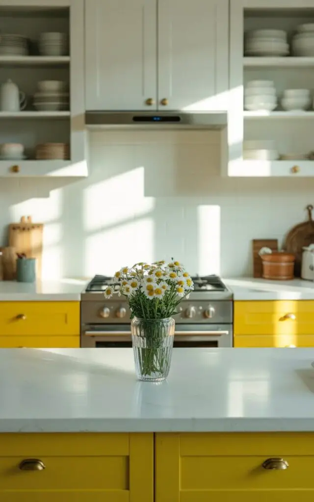 A photograph of a pristine, yellow and white kitchen radiating a sense of calm order. The lower cabinets are a vibrant sunflower yellow, while the upper cabinets are a crisp, pure white, creating a sharp and modern contrast; a single vase filled with fresh daisies sits centered on the spotless white countertop. Behind the countertop, a sleek gas stove is nestled between two drawers, its overhead storage showcasing uniformly arranged dishware, all bathed in soft, diffused natural light streaming from a nearby window. The overall scene evokes a feeling of meticulous design and quiet domesticity.
