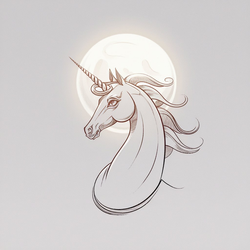 A minimalist, plain white background pencil drawing illustration of a unicorn horse beneath a softly glowing moon. The unicorn has a single spiraled horn atop its forehead, and its body is slender and upright, with an elegant curve to its neck. The horse's mane and tail are sketched with long, airy strokes, and its large, almond-shaped eyes add a touch of mysticism. The horn's subtle shading gives it a glimmering effect without disrupting the minimalist aesthetic. Everything remains sharp and ethereal against the plain white background.