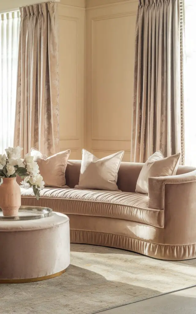 A photo of a luxurious beige living room with soft textures. The focal point is a cozy velvet sofa with a rich sheen. A plain velvet ottoman serves as a coffee table and holds a vase. Creamy walls are complemented by velvet curtains that filter soft daylight. A Persian-style rug in subtle greige tones adds classic charm without overwhelming the delicate color palette.