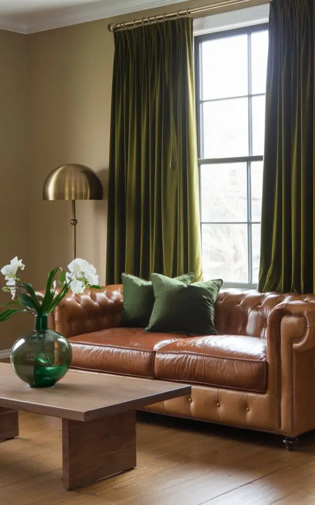 A photo of a luxurious green and brown living room with a rich forest green velvet window curtain. A cozy cognac leather sofa with hunter green and brass-trimmed cushions sits nearby. A walnut coffee table holds a green glass vase with white blooms. The walls are painted a soft beige. A warm wood flooring complements the palette. A sculptural brass floor lamp adds ambient light.