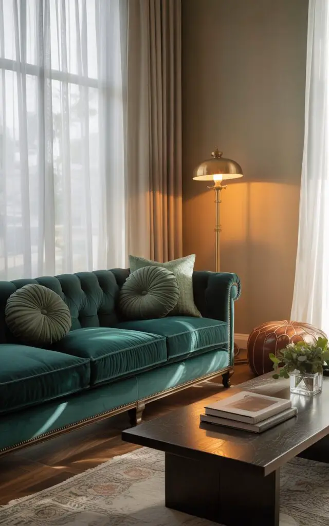 A photograph of a luxurious living room featuring a deep-seated emerald velvet sofa as its centerpiece. The sofa boasts intricate tufted details and is adorned with plush, soft green pillows, positioned on a warm, walnut-stained wood floor, and facing a large window with sheer white curtains. A vintage brass floor lamp casts a warm golden glow beside a brown leather pouf while a dark wood coffee table in front holds a stack of books and a small vase of fresh greenery. Soft, diffused sunlight streams through the window, illuminating the muted taupe walls and creating an inviting, upscale ambiance.