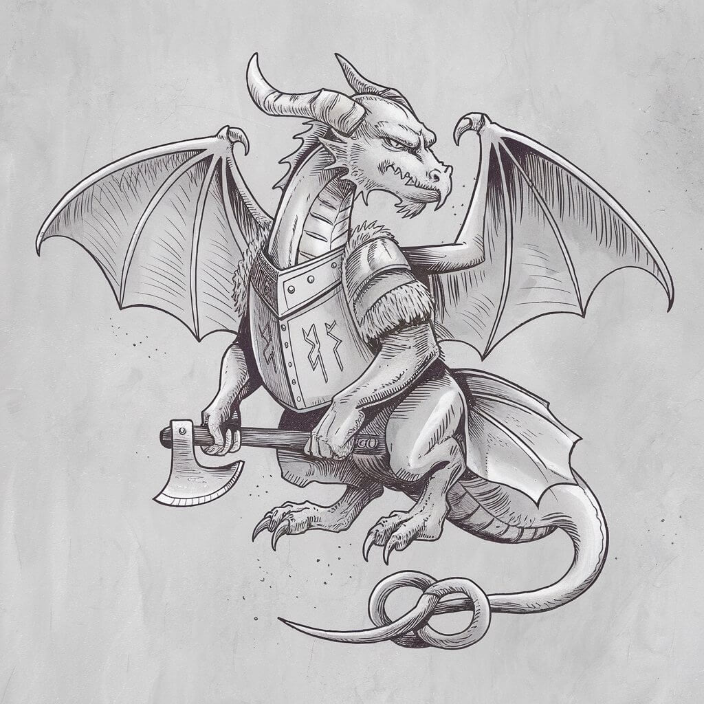 A minimalist, plain white background realistic pencil drawing illustration of a dragon clad in Nordic-style armor. The dragon is drawn in a pro style, with light, chiseled outlines indicating a horned helmet and a chest plate with engraved runes. The wings are fur-lined, shown with gentle hatching to suggest texture. Its claws grip a small, stylized axe, and its tail ends in a knot pattern common in Viking designs. Bold jawlines and a furrowed brow give this dragon a stoic, battle-ready vibe—while still fitting the minimal sketch approach.