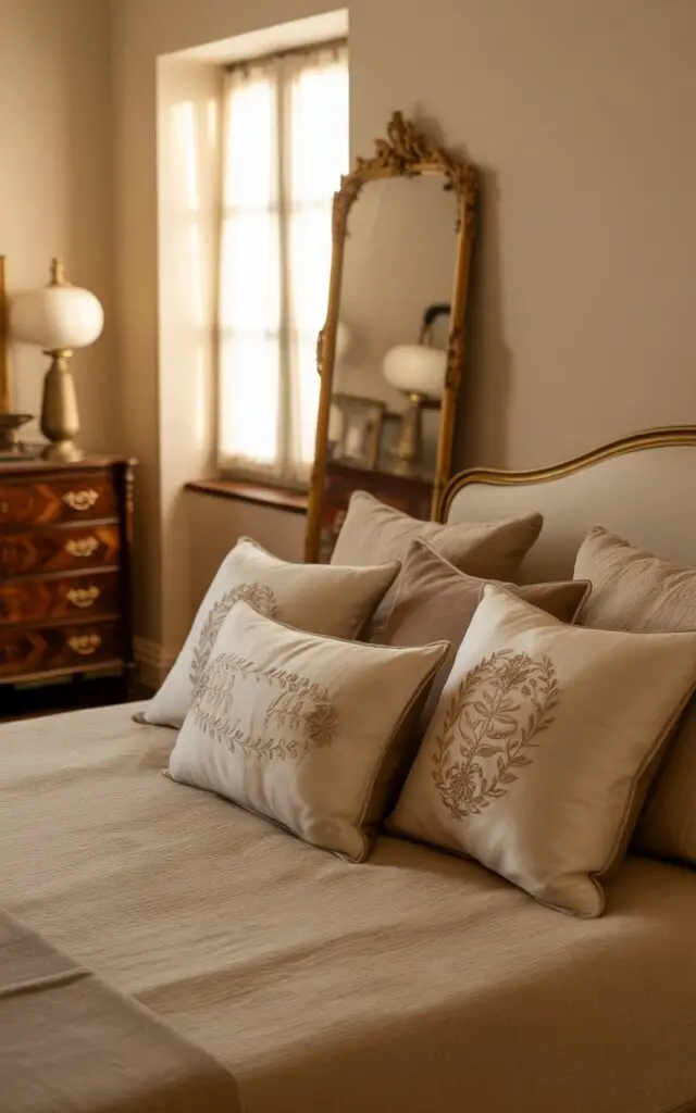 A photograph of a luxuriously made bed within a charming, eclectic five-star beige bedroom. The bed is the focal point, dressed in textured beige linens and adorned with a collection of embroidered pillows, each subtly hinting at different past eras. A carved wooden dresser with antique brass handles stands to the left, reflecting the soft glow of a retro table lamp, while a gilded mirror leans elegantly against the wall, partially revealing a glimpse of an antique rug. Warm, diffused light streams through a nearby window, casting gentle shadows and highlighting the collected, deeply personal character of the room.