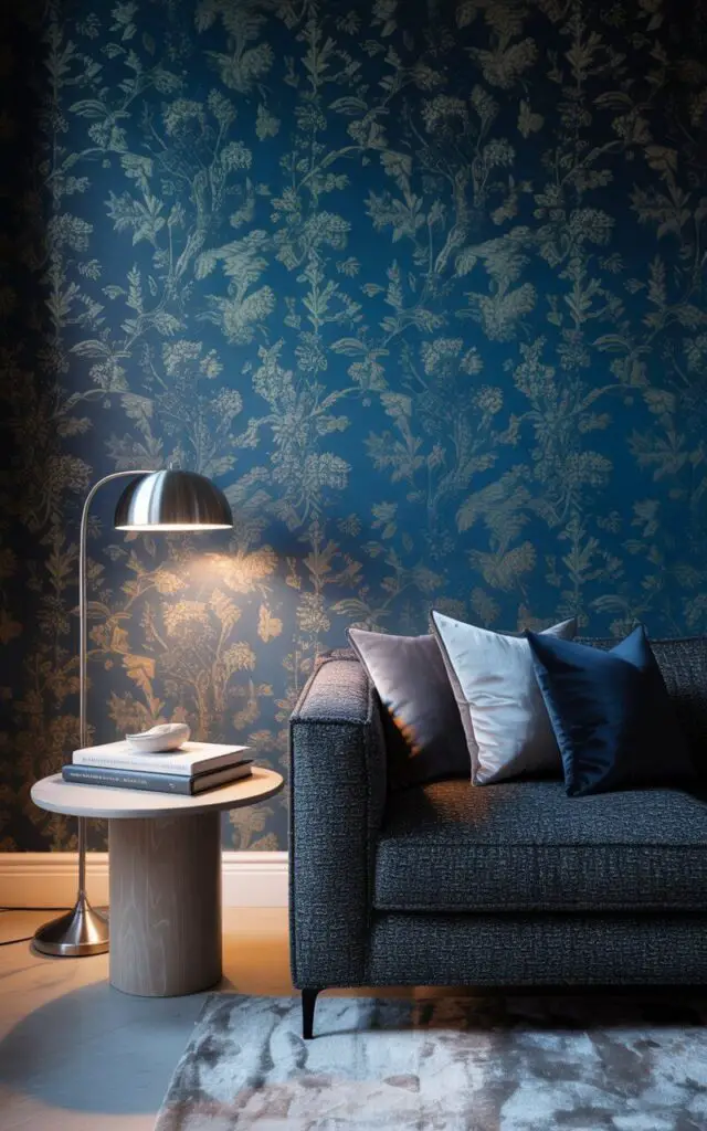 A photograph of a luxurious living room with a dramatic focal point: "Moody Blue Wallpaper". A plush, charcoal grey sofa sits prominently against the wall, its textured fabric contrasting with the intricate botanical pattern of the wallpaper. A chrome floor lamp casts a warm glow on a light wood side table adorned with a stack of art books, while a scattering of soft grey and navy pillows adds a touch of comfort. The room is bathed in soft, diffused light, creating a luxurious, mysterious, and irresistibly comfortable atmosphere.