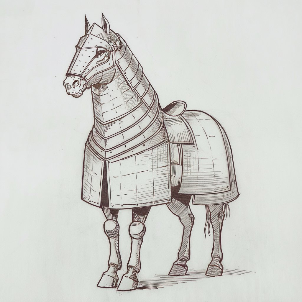 A minimalist, plain white background pencil drawing illustration of a powerful horse clad in medieval armor, drawn in a simplistic style. The armor is lightly detailed with etched plates across the head, chest, and sides, sketched using bold, angular lines. The horse's posture is upright and proud, with a rigid neck and strong legs firmly planted. Its eyes are alert, and the ears stand stiff. The mane is mostly hidden beneath the headplate but peeks through in fine strokes. Light shading under the armor pieces adds contrast and depth, giving weight to the composition on the plain white background.