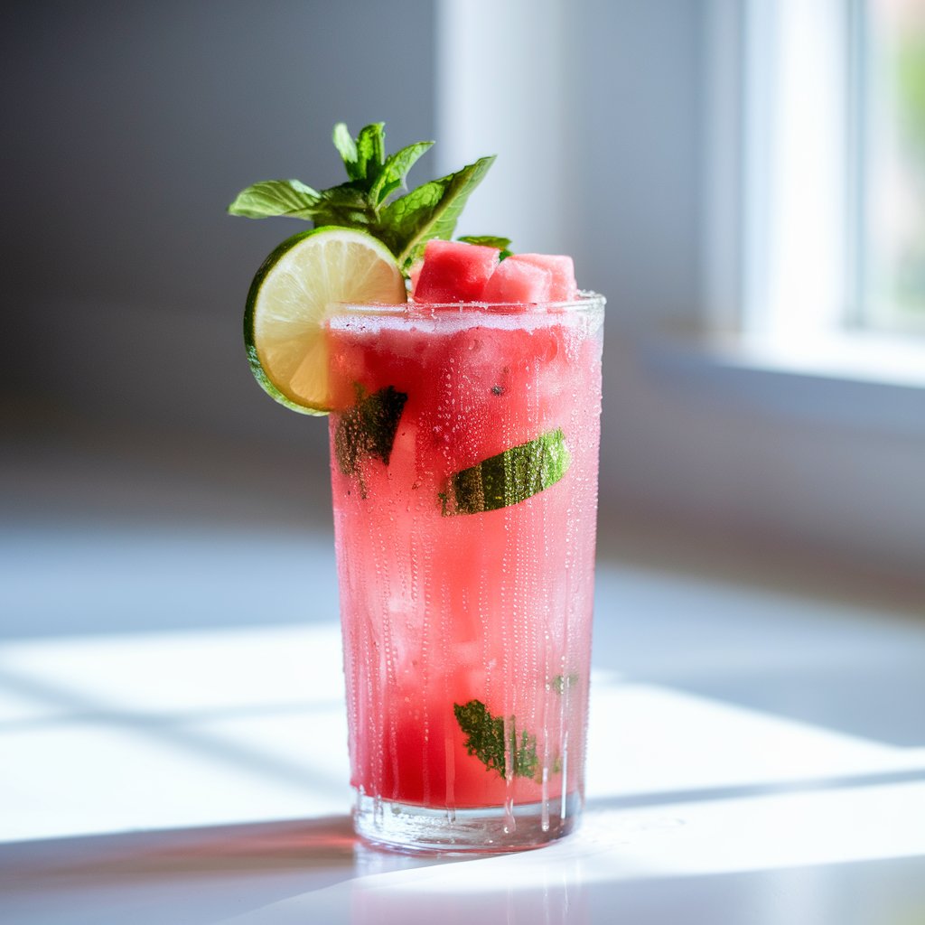 A photo of a tall, clear highball glass filled with a vibrant pink watermelon mojito. The glass is garnished with fresh mint leaves, a thin lime wheel, and small chunks of watermelon floating on top. Condensation drips down the glass, hinting at its coldness. The summer cocktail is placed on a bright plain white kitchen countertop under soft natural light streaming through a nearby window.