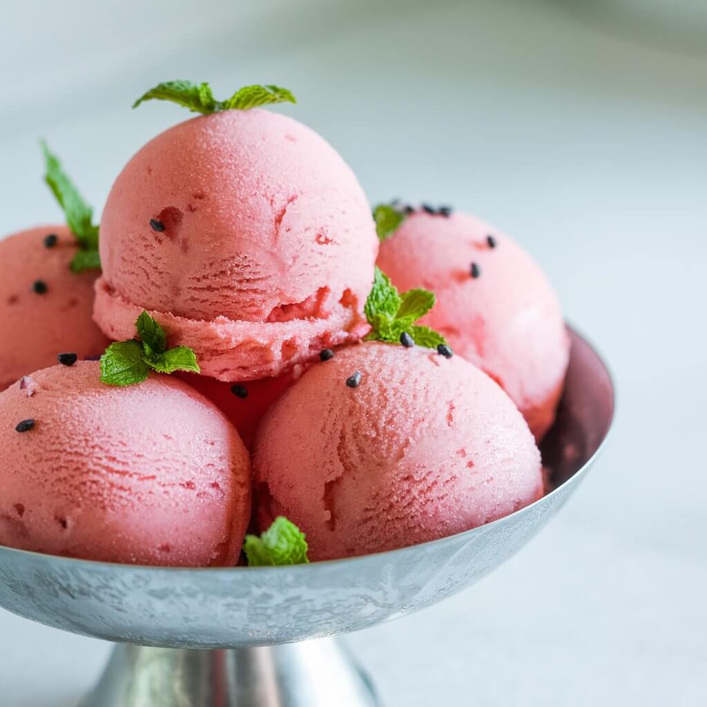 A photo of a frosty metal bowl holding bright pink-red watermelon sorbet. The sorbet is perfectly scooped into neat, rounded balls. The texture is smooth with a slight icy sheen, and each scoop is garnished with fresh mint leaves. Tiny black watermelon seeds are scattered artfully for contrast. The Memorial Day dessert is placed on a bright plain white kitchen countertop.