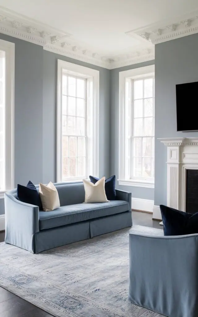 A photo of a crisp and classic blue and grey living room with bright white trim. The room has soft grey walls, wide-framed windows, and a very cozy medium blue velvet sofa. There are navy and cream pillows on the sofa, adding sophistication. A vintage-inspired grey area rug anchors the seating arrangement. Tall, white baseboards and crown molding provide architectural interest, enhancing the clean lines and making the soft color palette feel structured and refined. There is a white fireplace mantel with an oversized black television mounted above the mantel.