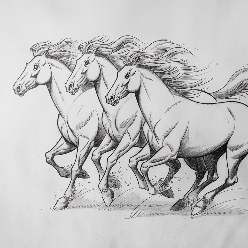 A minimalist pencil drawing of three wild horses galloping side by side. The horses have a simplistic style, with one in mid-stride, another with front legs lifted, and the third at full sprint. Their manes and tails are captured in wild, overlapping strokes, evoking energy and motion. The eyes and muscles are lightly indicated with shadowed accents. The horses are drawn on a plain white background.
