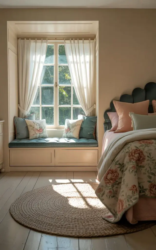 A photograph of a cozy, traditional bedroom with a wide window as the central focus, revealing a charming built-in bench beneath it. The bench is adorned with a tufted cushion in muted blue and floral accent pillows, positioned invitingly near a round braided rug at the foot of the bed with a scalloped headboard. Soft afternoon light streams through airy white curtains, illuminating the floral duvet, layered quilts, and pastel pillows on the bed while casting gentle shadows on the pale hardwood floor. The scene evokes a feeling of warmth and tranquility, with the room's details suggesting a peaceful retreat.