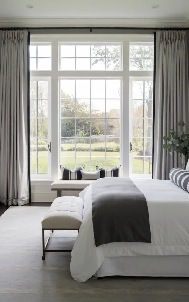 A photo of a thoughtfully designed bedroom with a large bedroom window made of both fixed and operable glass panels. The central fixed panes offer an uninterrupted view of a landscaped backyard, while the flanking casement panels are slightly opened for airflow. Elegant gray linen drapes hang just to the sides, enhancing the room's symmetry. A very cozy bed dressed in monochrome textiles—crisp white sheets, a dark gray duvet, and a striped lumbar pillow—sits directly across. A low bench and a vase of fresh eucalyptus complete the quiet sophistication of this multi-functional, light-filled space.