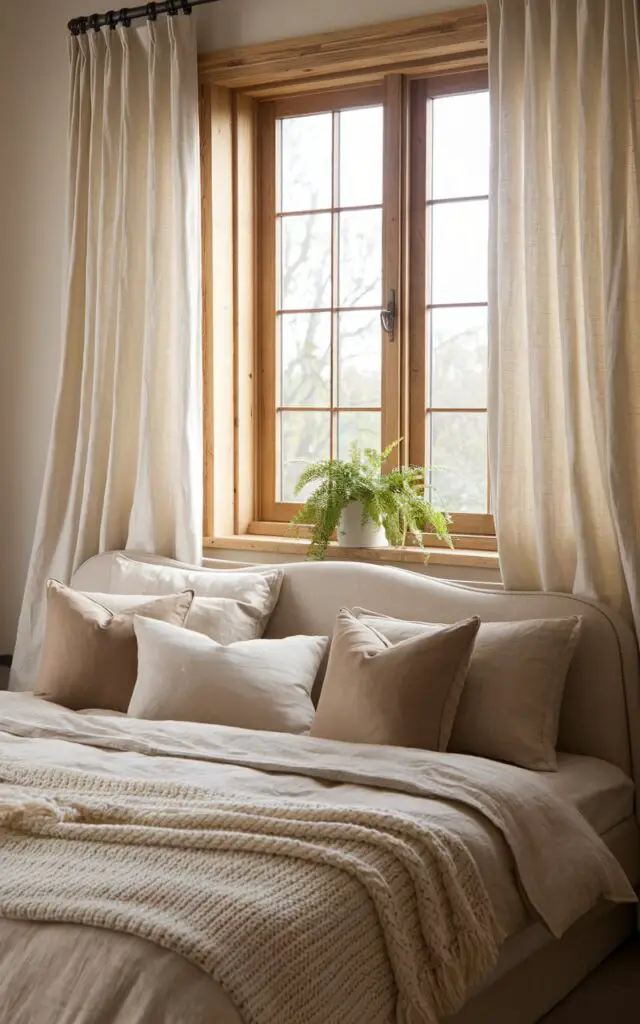 A serene bedroom scene with a large natural oak wood-framed window, radiating rustic warmth. Cream-colored linen curtains hang softly on either side, partially open to let in warm morning light. The light cascades across a cozy upholstered bed topped with a chunky knit throw, several down-filled pillows, and a hand-quilted duvet in neutral tones. A small potted fern sits on the window sill, catching the sunlight. The walls are painted a soft taupe, enhancing the natural wood tones and tranquil atmosphere.