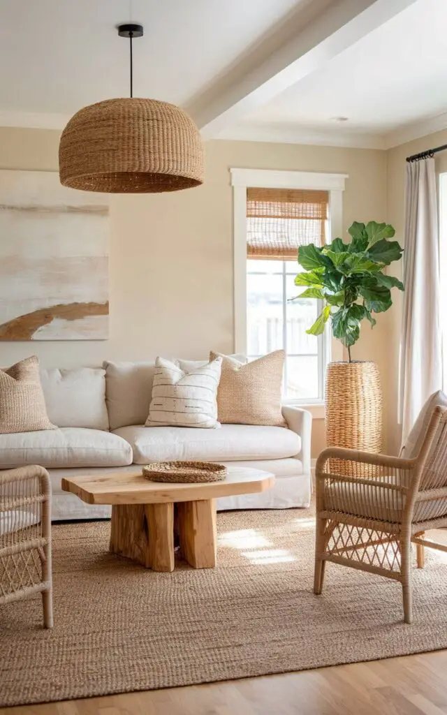 In this inviting beige living room, natural materials shine against a backdrop of calming neutrals. A very cozy sofa in a soft oat-colored fabric sits center stage, accessorized with textured jute and wool throw pillows. On either side, woven rattan armchairs provide balance and organic charm. The light-toned hardwood floor is softened by a handwoven jute rug, while a tall, woven basket planter holds a fiddle-leaf fig in the corner. A round seagrass pendant lamp hangs overhead, casting a warm glow over the rustic wooden coffee table. Everything about this space whispers "natural, grounded, and calm."