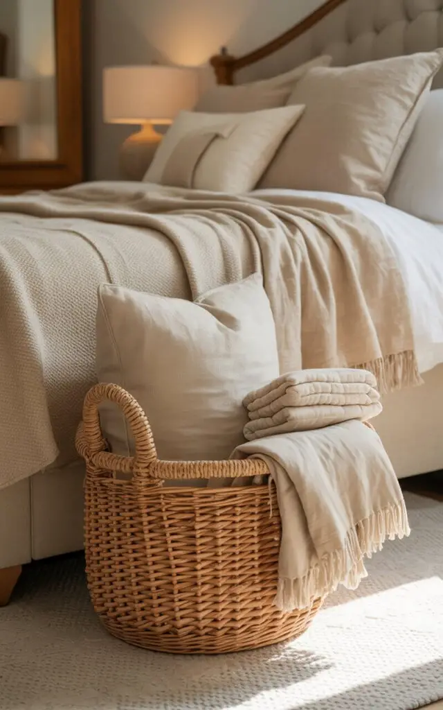 A photograph of a luxurious beige bedroom showcasing a meticulously arranged woven basket beside a plush bed. The basket, crafted from natural seagrass, overflows with soft linen throw pillows and neatly folded extra blankets, contributing to a serene and organized aesthetic. The bed itself features a boucle throw draped across textured beige bedding, accented with a collection of decorative pillows, while a soft glow from a nearby floor lamp highlights the room's natural fiber elements and warm wood accents. The scene exudes a sense of cozy elegance, with gentle shadows dancing across the smooth surfaces and creating a tranquil, inviting atmosphere.