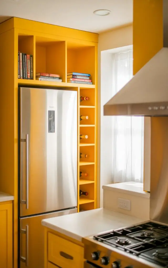A photograph of a bright, modern yellow kitchen centered on a custom-built refrigerator niche. The niche glows with sunny citrus-toned paint, showcasing a brushed stainless steel refrigerator framed by sleek open cubbies filled with cookbooks and a built-in wine rack displaying amber-colored bottles. Across the kitchen, a minimalist gas stove with brushed copper accents sits beneath a stainless steel range hood, reflecting the warm light. Soft, natural light filters through a nearby window, gently illuminating the pristine white countertops and creating subtle shadows that accentuate the kitchen’s clean, organized design.