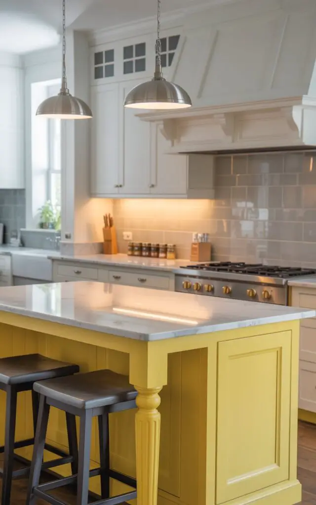 A photograph of a meticulously organized yellow kitchen, with a painted kitchen island as its vibrant centerpiece. The island, finished in a soft dandelion yellow, features a sleek white marble countertop reflecting the warm glow of two hanging pendant lights and is complemented by two dark gray bar stools tucked beneath its extended edge. White shaker cabinets and a pale gray backsplash surround the island, while a gas stove seamlessly integrated into the countertop is flanked by neatly labeled spice drawers. Soft, diffused natural light streams through a nearby window, illuminating the pristine space and emphasizing its clean, modern design.